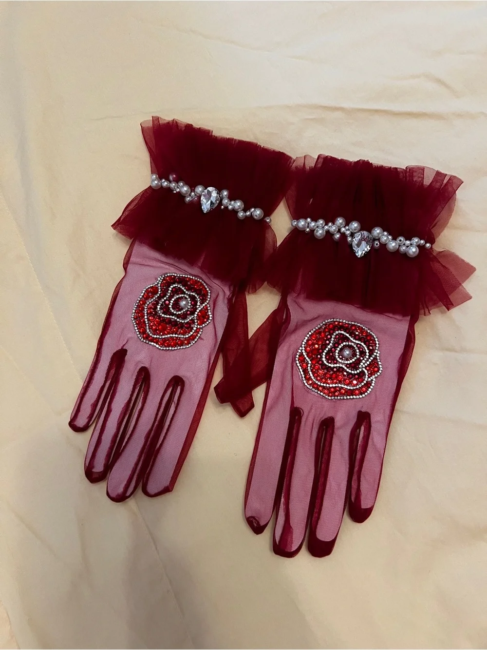 Elegant Burgundy Lace Gloves with Pearl Cuff - Women Accessories